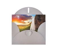 POEZJZW Islanda cascata fiume campo tramonto fantasia perla carta vuota biglietto di auguri adatto per feste di compleanno matrimonio invito con busta grigia