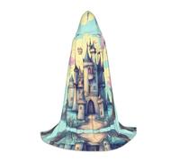 POEZJZW Mantello lungo con cappuccio con motivo castello delle fiabe, mantello lungo per Halloween e cosplay, mantello unisex grande