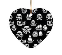 Poezjzw Ornamento natalizio in ceramica con motivo pirati bianchi e neri, a forma di cuore, da appendere, regalo per le vacanze di Natale, ornamenti per la casa