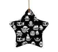 Poezjzw Ornamento natalizio in ceramica con motivo pirati bianchi e neri, a forma di stella, da appendere, regalo per le vacanze di Natale, ornamenti per la casa