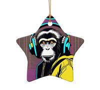 Poezjzw Scimmia che ascolta la musica, ornamento natalizio in ceramica a forma di stella, da appendere, regalo per le vacanze di Natale, ornamenti per la decorazione della casa