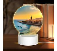 POEZJZW Sunset in Barcelona Pattern Round Acrilico Luce Notte con Cavo USB Regolabile 3 Colori per Ristorante Bar Cafe