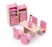 POFET Bambini Sala da Pranzo in Legno Casa delle Bambole Mobili in Miniatura Tavolo da Pranzo Sedie Armadietto Giocattolo Set Bambola Famiglia Fai Finta di Giocare Accessori