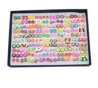 Pofet PAB12253 - 100 paia di orecchini a lobo in confezione regalo rettangolare; deliziosi orecchini grandi in morbida argilla, in diverse misure e motivi