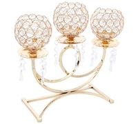 Pofet, Portacandele in metallo e cristallo per candele votive, con 3 bracci e supporto per candela, 36 cm di altezza per matrimoni, candelabro decorativo, colore Oro