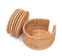 POFET Sottobicchieri in rattan intrecciato a mano con piastra di base per tazze da tè, piatti isolati, per cucina, accessori per la casa da tè, set da 6 pezzi, con supporto (marrone, 10 cm rotondo)