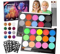 POFIBO Body Painting - Trucco Bambini con Face Painting 30 Colori, 12 Glitter, 4 Pennelli, 60 Disegni di Tatuaggio, Trucco di Halloween per Bambini