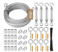 POFIBO Corda in acciaio inox, 3 mm - 20 m, set di fune metallica con occhielli per traliccio, in acciaio inox, kit per corda per tende, stendibiancheria, piante rampicanti, corda leggera