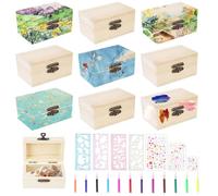 POFIBO Mini Scrigno del Tesoro - 10Pezzi Scatola in Legno con Adesivi, Matite Acquerellabili, Stencil per Dipingere, Scrigno per il Compleanno dei Bambini per il Bricolage e le Feste.