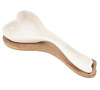 POGGIAMESTOLO APPOGGIA Cucchiaio da Cucina Ceramica Bianca con PIATTINO in Legno A Forma di Cuore