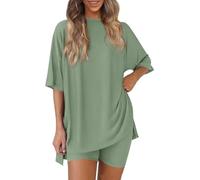 Pohra Bamboo Soft Lounge Set, Bloom And Breeze Cozy Mama Set ,Women 2 Piece Outfits Crew Neck Oversized Tshirts (Green-A,M)