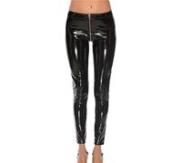 Pohullan Leggings in pelle lucida PU con cerniera da donna push up pantaloni a specchio a vita alta, Nero , M