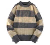 Pohullan Maglione lavorato a maglia a righe nere da uomo autunno inverno allentato casual caldo manica lunga top quotidiano, grigio, 3XL