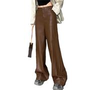 Pohullan Pantaloni lunghi da donna svasati in ecopelle elasticizzata pantaloni a vita media PU gamba larga pantaloni a campana, Marrone, L