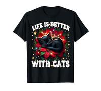 Poinsettia Christmas Life Is Better with Cats Cute Xmas Cat Maglietta