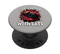 Poinsettia Christmas Life Is Better With Cats Cute Xmas Cat PopSockets PopGrip Adesivo