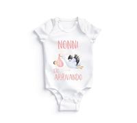 POINT. Body neonato nonni sto arrivando, azzurro o rosa, annuncio gravidanza, festa nonni, cicogna, idea regalo per nonni (ROSA, 0 MESI)