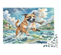 Pointer - Carta resistente - Cane meticcio che gioca nelle onde con bastone - Puzzle - Antistress - Arredamento casa - 38x26cm/1000 pezzi
