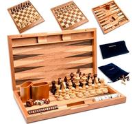 Pointworks Set di backgammon a scacchi da 17 pollici per adulti, set di scacchi in legno, portatile pieghevole a due lati, design multi gioco, intarsio in noce acero con grandi pezzi ponderati, pedine