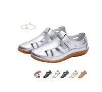 POIOZXD Sandali estivi da pescatore da donna retrò in vera pelle sandali da pescatore per le donne Comfort suola morbida cinturino alla caviglia Hollow Boho gladiatore scarpe da spiaggia, Argento, 42