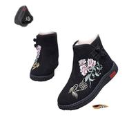 POIOZXD Stivaletti da donna ricamati a mano, in caldo cotone, invernali, foderati in pile, stile cinese, casual, punta tonda, tacco piatto, chiusura con fibbia, Nero , 35 EU