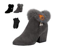 POIOZXD Stivaletti invernali da donna, alla moda, caldi, con tacco medio, in pelle scamosciata, con cerniera laterale, grigio, 34.5 EU