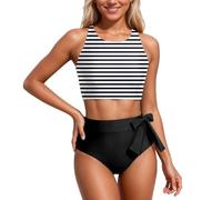 POIUIYQA Costume da Bagno Donna Due Pezzi Bikini Pancia Pieghe Contenitivo Collo A V Sexy Curvy Modellante Bikini Vita Alta Push Up Schiena Nuda con Coppe