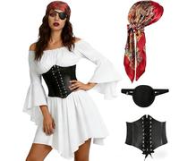 POIUIYQA Costume da Pirata Donna Set Medievale, Vestito Bianco Spalle Scoperte con Corsetto Nero e Fascia Rossa, per Carnevale Halloween Feste