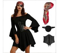 POIUIYQA Costume Pirata Donna Set Completo - Abito Off Shoulder a Doppio Strato con Corsetto, Fascia e Bandana, Catena Vita Regolabile - Ideale per Carnevale e Feste a Tema