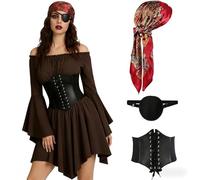 POIUIYQA Costume Pirata Donna Set Completo - Abito Off Shoulder a Doppio Strato con Corsetto, Fascia e Bandana, Catena Vita Regolabile - Ideale per Carnevale e Feste a Tema