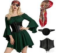 POIUIYQA Costume Pirata Donna Set Completo - Abito Off Shoulder a Doppio Strato con Corsetto, Fascia e Bandana, Catena Vita Regolabile - Ideale per Carnevale e Feste a Tema