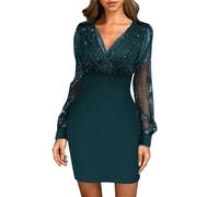POIUIYQA Donna Elegante Vestiti Manica Lunga con Scollo a V Abiti per Cocktail Feste Ballo Sera Autunno e Inverno Abito Elegante da Donna Decorato con Paillettes Impiombata 18