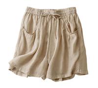 POIUIYQA Pantaloncini al ginocchio da donna con tasche culottes estivi pantaloni Capri per il Regno Unito orlo diviso bottoni decorativi in legno leggeri e traspiranti elastico in vita