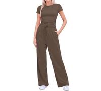 POIUIYQA Tuta Donna Casual Elegante 2 Pezzi Top a Maniche Corta e Pantaloni a Gamba Larga con Tasche Coulisse Slim Fit Tuta Sportiva Donna Completa Due Pezzi Casual Ginnastica Estiva
