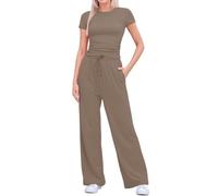 POIUIYQA Tuta Donna Casual Elegante 2 Pezzi Top a Maniche Corta e Pantaloni a Gamba Larga con Tasche Coulisse Slim Fit Tuta Sportiva Donna Completa Due Pezzi Casual Ginnastica Estiva