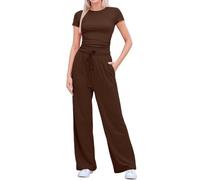 POIUIYQA Tuta Donna Casual Elegante 2 Pezzi Top a Maniche Corta e Pantaloni a Gamba Larga con Tasche Coulisse Slim Fit Tuta Sportiva Donna Completa Due Pezzi Casual Ginnastica Estiva