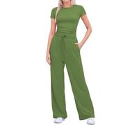 POIUIYQA Tuta Donna Casual Elegante 2 Pezzi Top a Maniche Corta e Pantaloni a Gamba Larga con Tasche Coulisse Slim Fit Tuta Sportiva Donna Completa Due Pezzi Casual Ginnastica Estiva