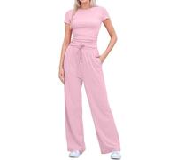 POIUIYQA Tuta Donna Casual Elegante 2 Pezzi Top a Maniche Corta e Pantaloni a Gamba Larga con Tasche Coulisse Slim Fit Tuta Sportiva Donna Completa Due Pezzi Casual Ginnastica Estiva