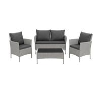 POKAR Set Giardino Rattan Grigio con Cuscini Seduta e Schienale Antracite | Set 4 Pezzi, Divano 100x43x80, 2x Poltrona 55x45x80, Tavolino 68x41x38 cm, Resina Intrecciata, Metallo | Terrazzo e Patio