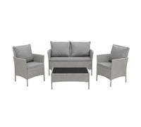 POKAR Set Giardino Rattan Grigio con Cuscini Seduta e Schienale Grigio | Set 4 Pezzi, Divano 100x43x80, 2x Poltrona 55x45x80, Tavolino 68x41x38 cm, Resina Intrecciata, Metallo | Terrazzo e Patio
