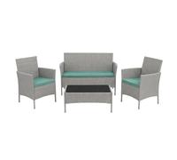 POKAR Set Giardino Rattan Grigio con Cuscini Seduta Salvia | Set 4 Pezzi, Divano 100x43x80, 2x Poltrona 55x45x80, Tavolino 68x41x38 cm, Resina Intrecciata, Metallo | Terrazzo e Patio