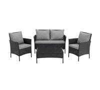 POKAR Set Giardino Rattan Nero con Cuscini Seduta e Schienale Grigio | Set 4 Pezzi, Divano 100x43x80, 2x Poltrona 55x45x80, Tavolino 68x41x38 cm, Resina Intrecciata, Metallo | Terrazzo e Patio