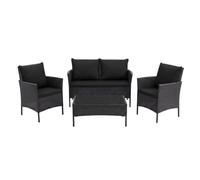 POKAR Set Giardino Rattan Nero con Cuscini Seduta e Schienale Nero | Set 4 Pezzi, Divano 100x43x80, 2x Poltrona 55x45x80, Tavolino 68x41x38 cm, Resina Intrecciata, Metallo | Terrazzo e Patio