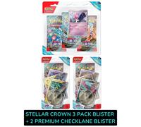 Pokemon BUNDLE STELLAR CROWN 3 PACK BLISTER + 2 PREMIUM CHECKLANE Corona Astrale
