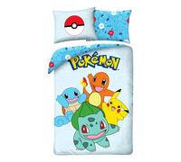 POKEMON PIKACHU Bulbasaur Charizard Squirtle - Set di biancheria da letto Copripiumino 140 x 200 cm + Federa 70x90cm - Reversibile - 100% Cotone Oeko-Tex - Azzurro Multicolore