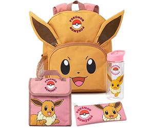 Pokémon Eevee 4 Piece Zaino Set | Personaggio animato 3D Orecchie Rosa Zaino Pranzo Borsa Pencil Case Water Bottle Gioco Back to School Bag Regali