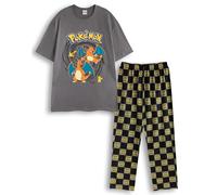 Pokémon Maglietta Grafica Grigia da Uomo di Charizard e Pikachu | Top Girocollo a Maniche Corte | Indumenti da Notte con Stampa di Cartoni Animati e Geometrici