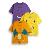 Pokemon Magliette per ragazzi, confezione da 3 | Magliette a maniche corte grafiche gialle, arancioni e lilla | Set di abbigliamento multipack di Pikachu, Glurak e Gengar per gaming, merchandising di