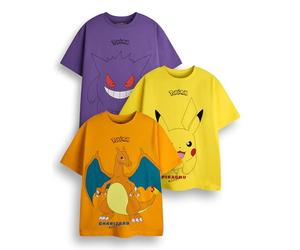Pokemon Magliette per ragazzi, confezione da 3 | Magliette a maniche corte grafiche gialle, arancioni e lilla | Set di abbigliamento multipack di Pikachu, Glurak e Gengar per gaming, merchandising di