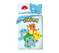 POKEMON PIKACHU Bulbasaur Charizard Squirtle - Set di biancheria da letto Copripiumino 140 x 200 cm + Federa 70x90cm - Reversibile - 100% Cotone Oeko-Tex - Azzurro Multicolore